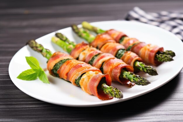 Grilled asparagus wrapped in bacon on a plate