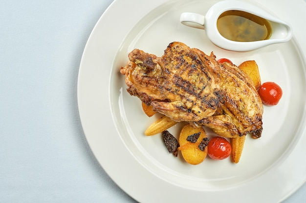 Grilled baked chicken with vegetables and sauce in a white plate on a white tablecloth. Coq au vin