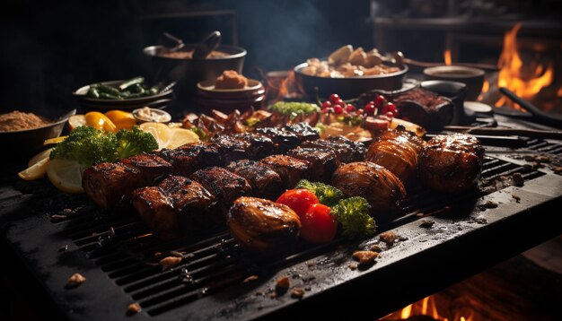 Grilled barbecue meat on a flame cooked coal a gourmet meal generated by artificial intelligence