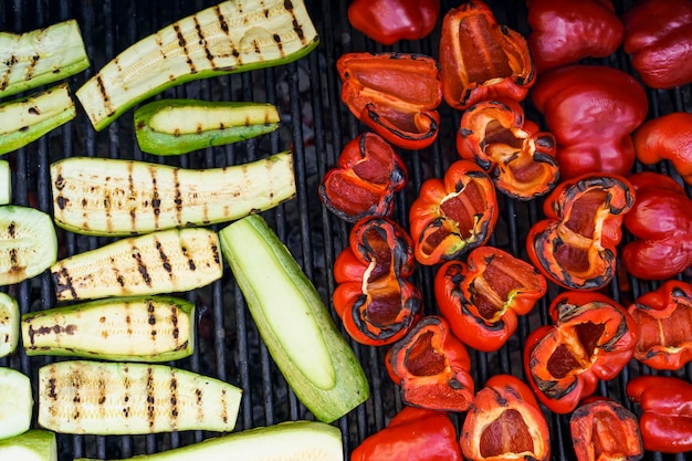 Grilled barbecue vegetables Summer vegetables peppers and zucchini are roasted and cooked outside