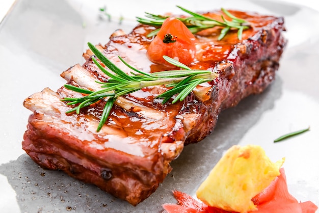 Grilled Barbecued Pork Baby Back Ribs, close up