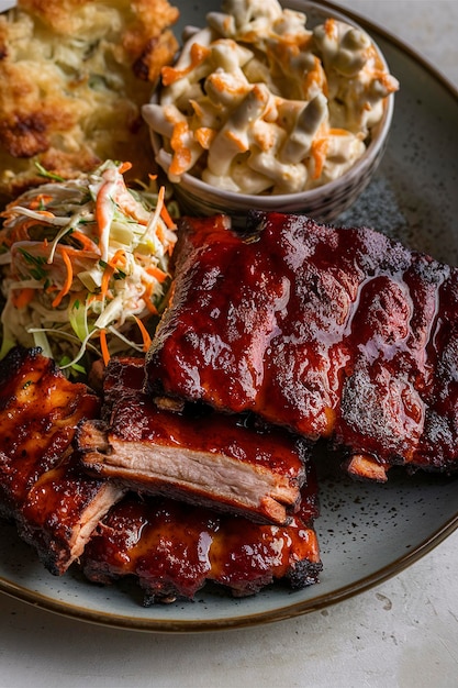 Grilled barbeque ribs with BBQ sauce with mac and cheese and coleslaw