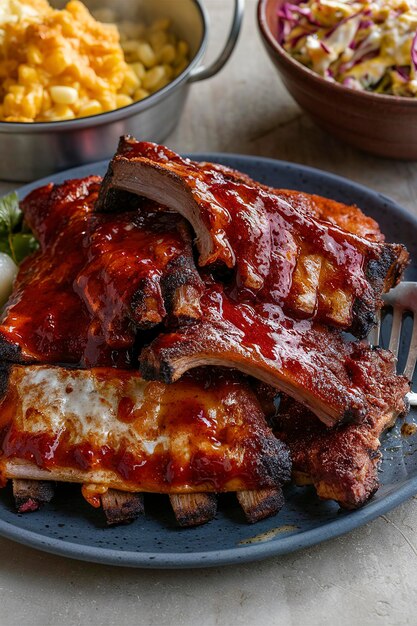 Жареные ребра с соусом для барбекю с макаронами, сыром и капустовым салатом.