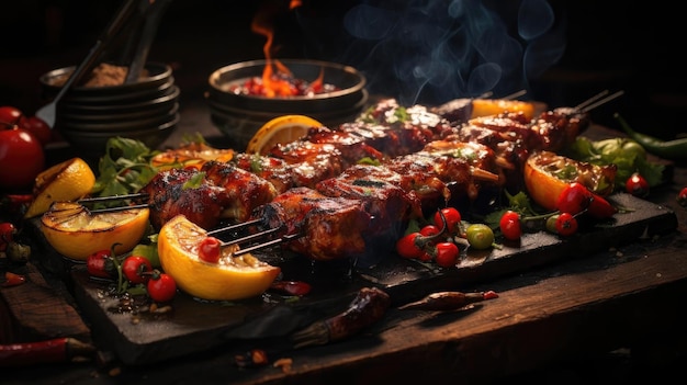 grilled barbeque with melted barbeque sauce and cut vegetables blur background