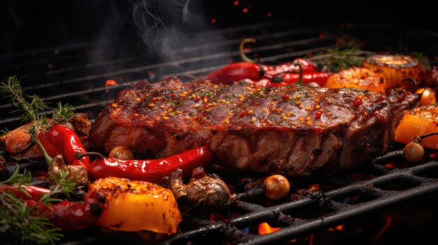 grilled barbeque with melted barbeque sauce and cut vegetables blur background