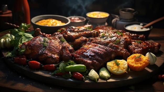 grilled barbeque with melted barbeque sauce and cut vegetables blur background