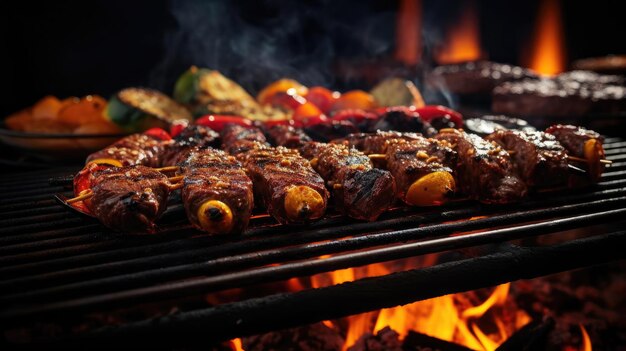 grilled barbeque with melted barbeque sauce and cut vegetables blur background