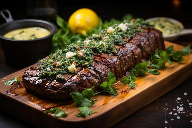 Photo grilled bbq flat iron steak with chimichurri