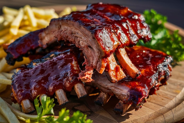 板の上にバーベキューソースで焼いたBBQリブ