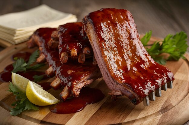 Grilled bbq ribs with barbeque sauce on a board