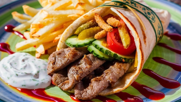 Grilled beed wrap doner with cucumber prinkles tomato and fries