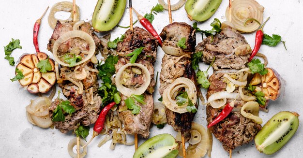 Grilled beef on bamboo skewers