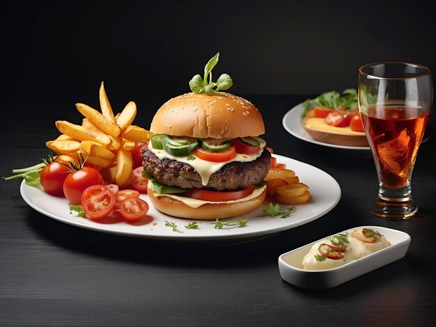 A grilled beef burger fries cheese and tomato artistic composition