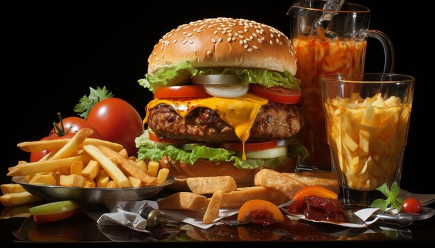 Grilled beef burger with cheese fries and refreshing cola drink generated by artificial intelligence