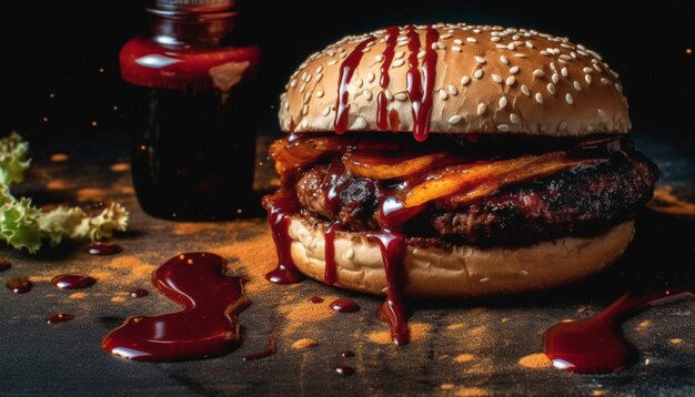 Photo grilled beef burger with cheese onion tomato and fries generated by artificial intelligence