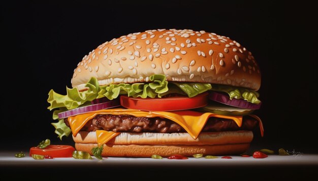 Foto hamburger di manzo alla griglia con cipolla e formaggio su ciabatta generato dall'intelligenza artificiale