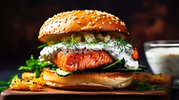 Photo grilled beef burger with fresh rustic vegetables on wood plate