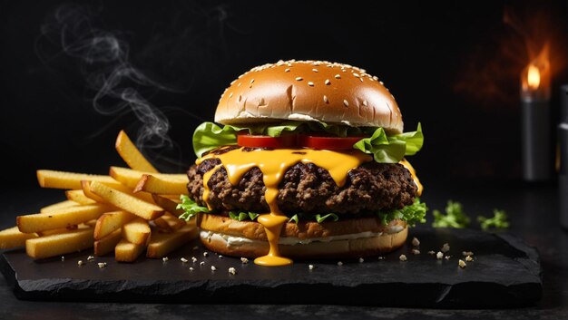 Foto burger alla griglia con patatine fritte, formaggio e pomodoro.