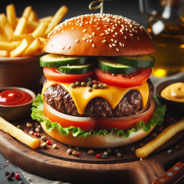 Grilled beef burger with fries cheese and tomato