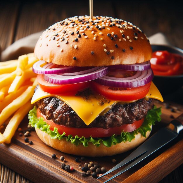 Grilled beef burger with fries cheese and tomato