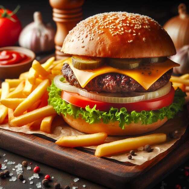 Grilled beef burger with fries cheese and tomato