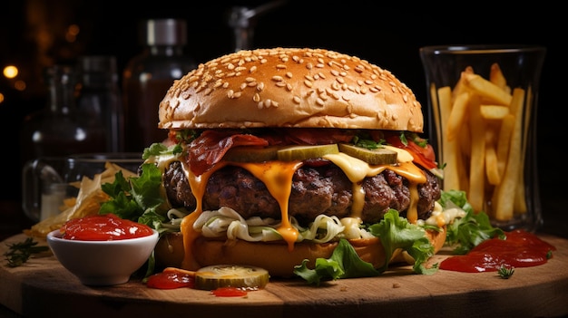 Grilled beef burger with fries cheese and tomato