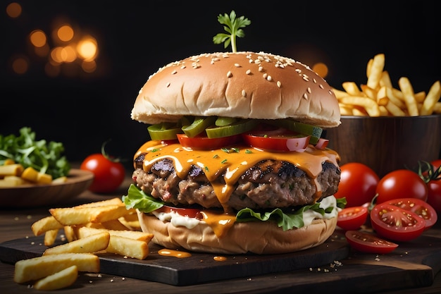 Grilled beef burger with fries cheese and tomato