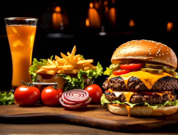 Grilled beef burger with fries cheeseburger and tomato generated by AI