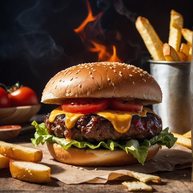 写真 焼いた牛肉ハンバーガーとフライドポテト