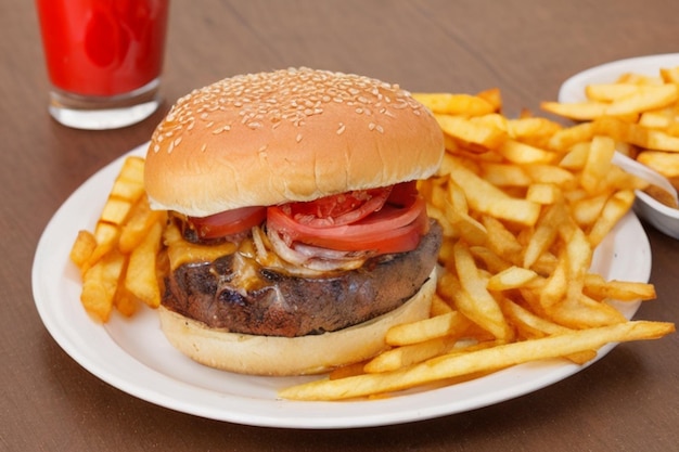 Grilled beef burger with tomato onion cheese and fries