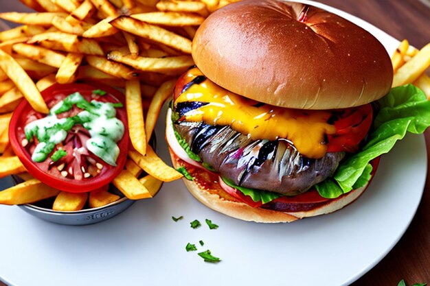 Grilled beef burger with tomato onion cheese and fries