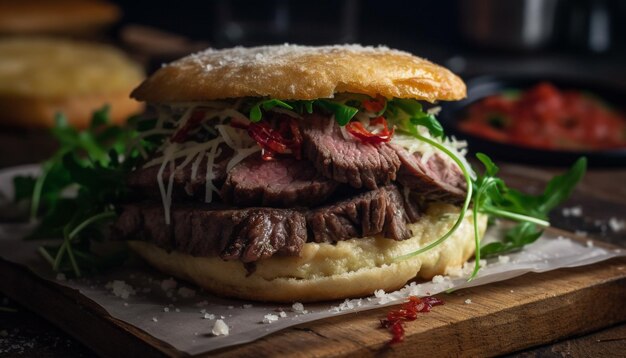 Grilled beef burger with tomato and vegetable on rustic wood plate generated by artificial intelligence