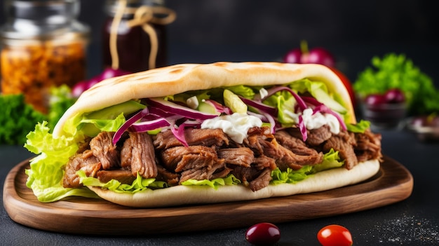 Grilled beef and chicken shawarma doner sandwich with flying ingredients and spices