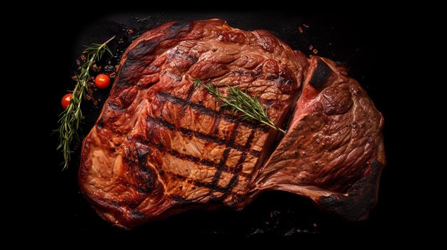 Grilled beef fillet steak with herbs and spices on dark background top view