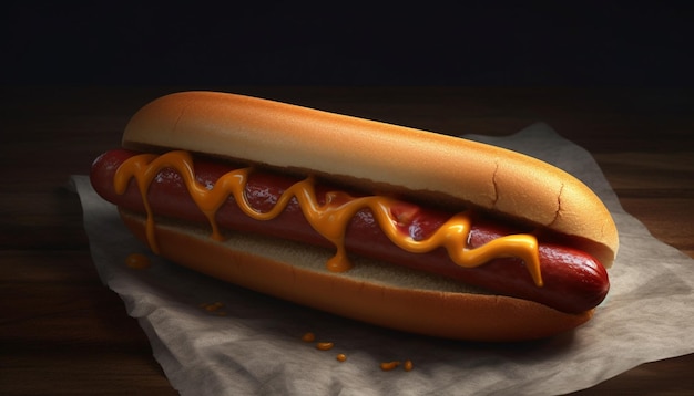 Grilled beef hot dog on a bun with ketchup and onion generated by artificial intelligence