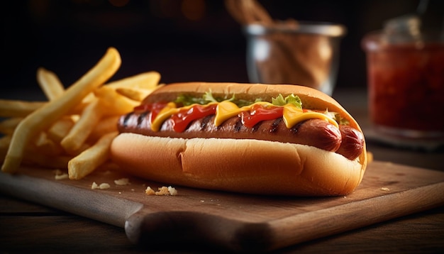 Grilled beef hot dog meal with French fries and ketchup generated by artificial intelligence