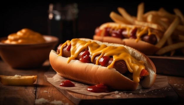 Grilled beef and hot dog meal with ketchup on bun generated by artificial intelligence