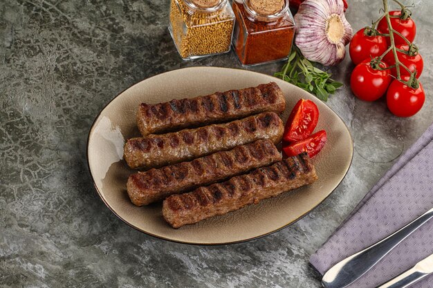 Grilled beef kebab skewer minced meat