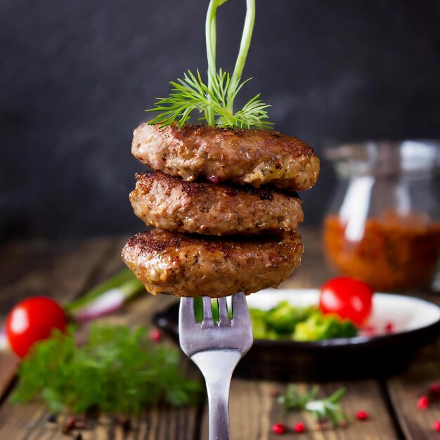 grilled beef patties on a fork