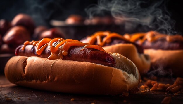 Grilled beef and pork hot dog bratwurst and gourmet appetizers generated by artificial intelligence