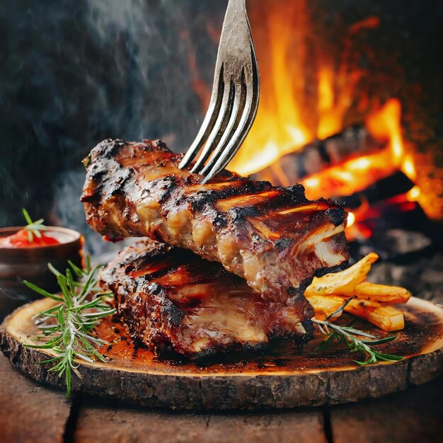 grilled beef ribs on the grill chopped on a fork against a fire