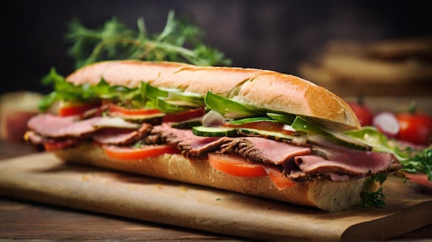 Grilled beef sandwich on ciabatta with fresh tomato and onion image generated by AI