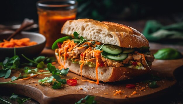 Grilled beef sandwich on rustic ciabatta with fresh tomato salad generated by ai