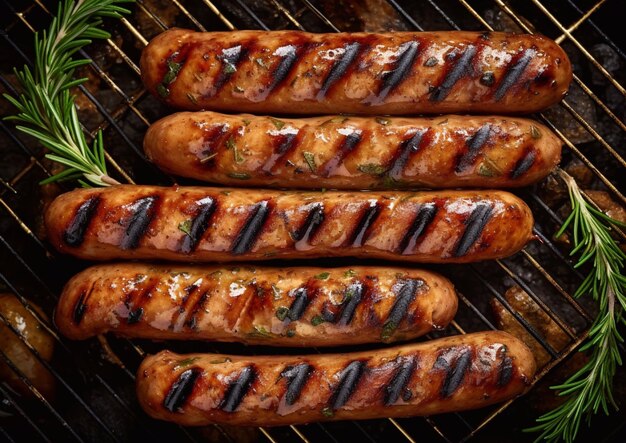 Grilled beef sausages with rosemary on top of grillAi Generative