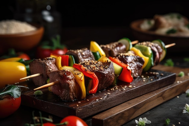 Grilled beef shishkabob on bamboo skewer with grilled vegetables and sesame seeds