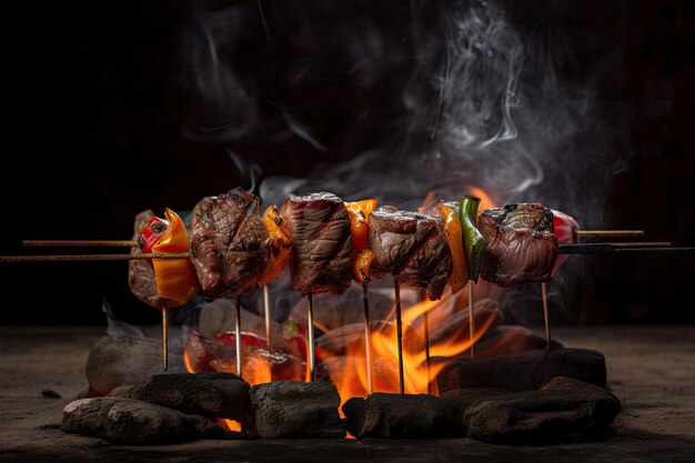 Grilled beef shishkabob over open flame with flames and smoke visible