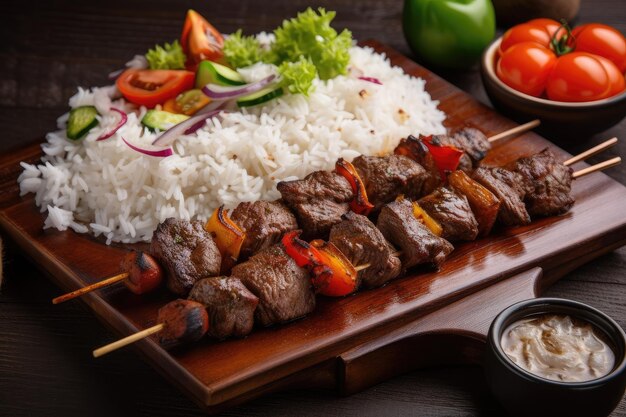Grilled beef shishkabob paired with rice and fresh vegetables