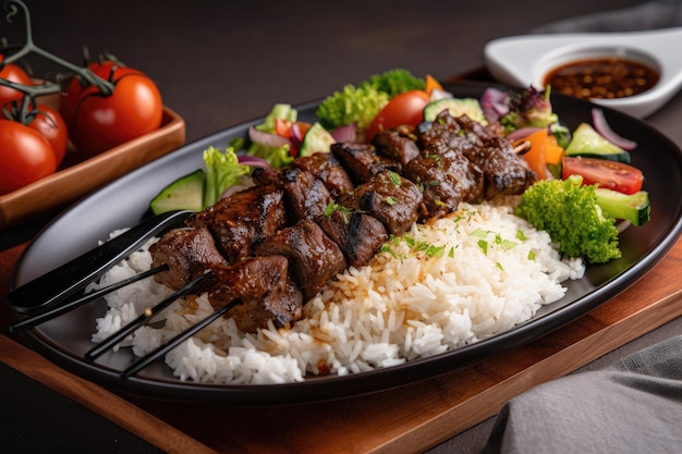 Grilled beef shishkabob paired with rice and fresh vegetables