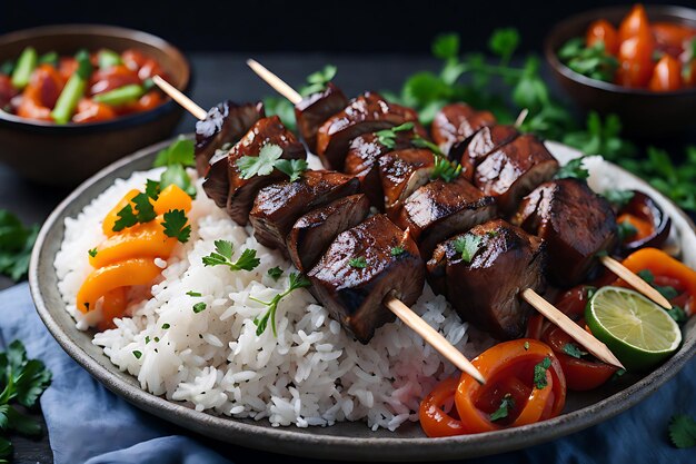 Grilled beef shishkabob served on bed of fluffy rice with vegetables