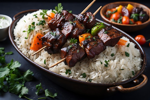 Grilled beef shishkabob served on bed of fluffy rice with vegetables